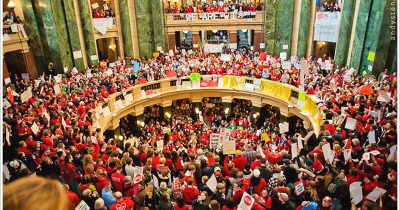 Teachers and protesters at the Capitol during the Act 10 protests of 2011.